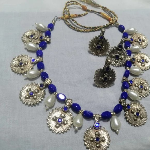 Pearls and Beads Jewelry Set, Handmade Coins Jewelry Set With Glass Stones, - Picture 2 of 9